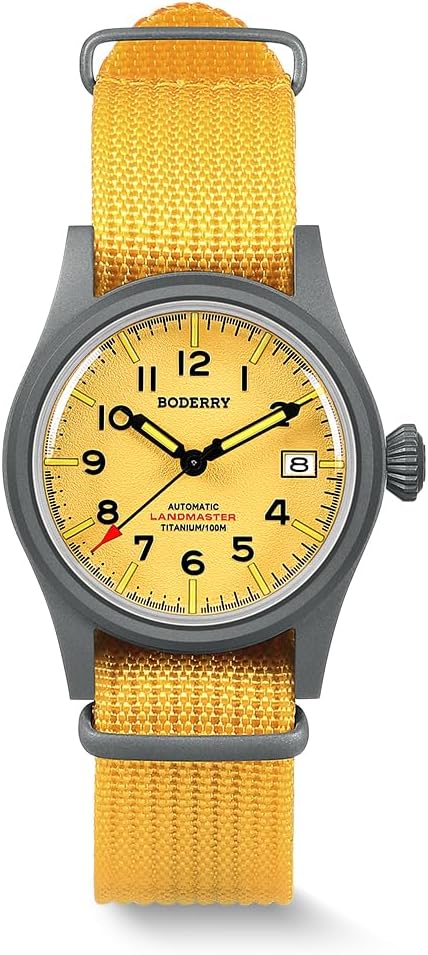BODERRY Men's Watch Titanium Automatic Field Watch 38mm Military Watch Day Date Function 100M Waterproof with Nylon Strap ...