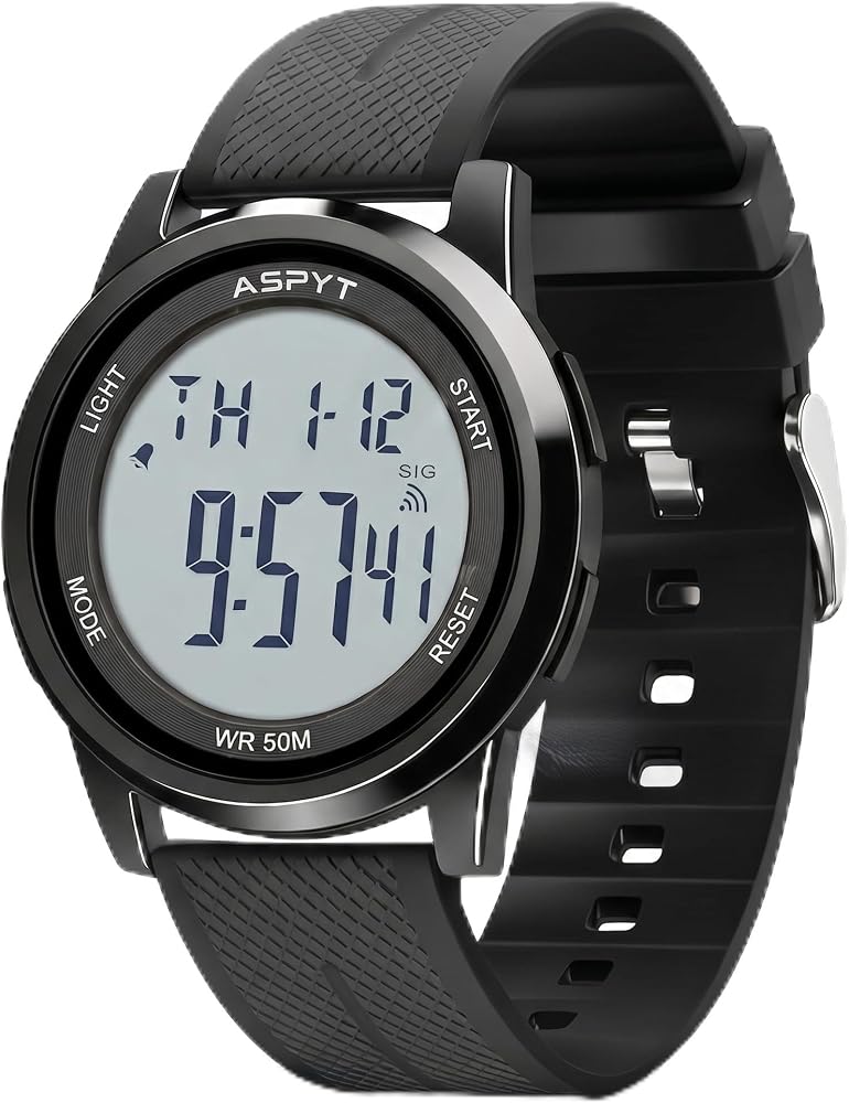 ASPYT Men Digital Watch, Thin Running Sports Waterproof Outdoor LED Screen Large Face Black Wrist Watches with Back Light ...